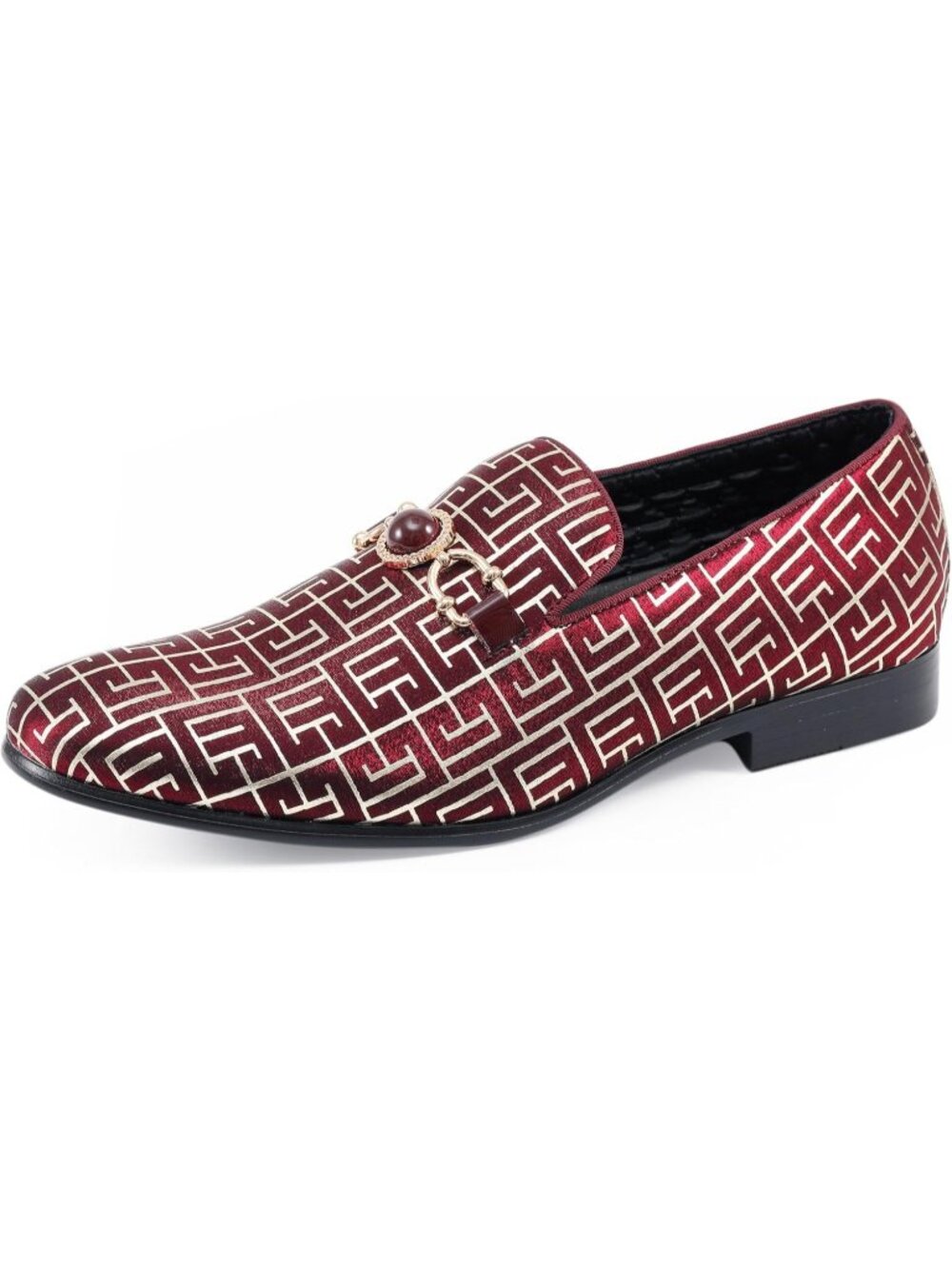 Amali Men's Burgundy Geometric Print Loafers Gold Buckle Slip On Wedding Shoes